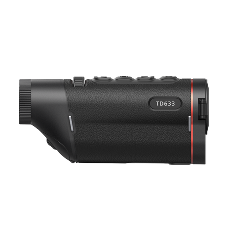 Guide TD633 thermal monocular feature callout showing the 640x512 12 micron sensor, 35mm F1.0 lens, 1280x960 AMOLED display, and 10-hour battery