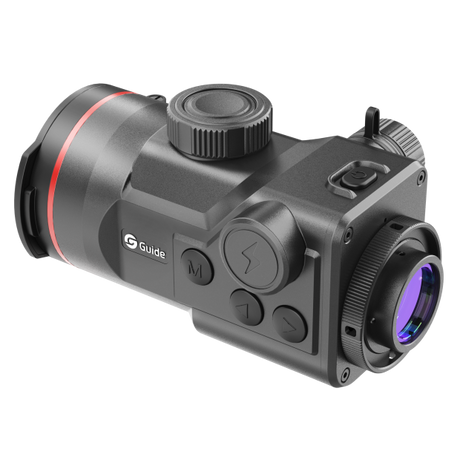 Guide TB1260LS HD thermal clip-on side profile showing the focus knob, control buttons, and ApexVision 2.0 architecture chassis