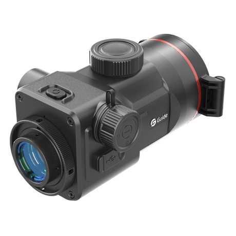Guide TB1260LS HD thermal clip-on rear view showing the 0.5 inch 1600x1200 AMOLED eyepiece and replaceable 18650 battery compartment