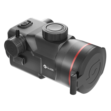 Guide TB1260LS HD thermal clip-on top view showing the focus knob layout and integrated laser rangefinder housing